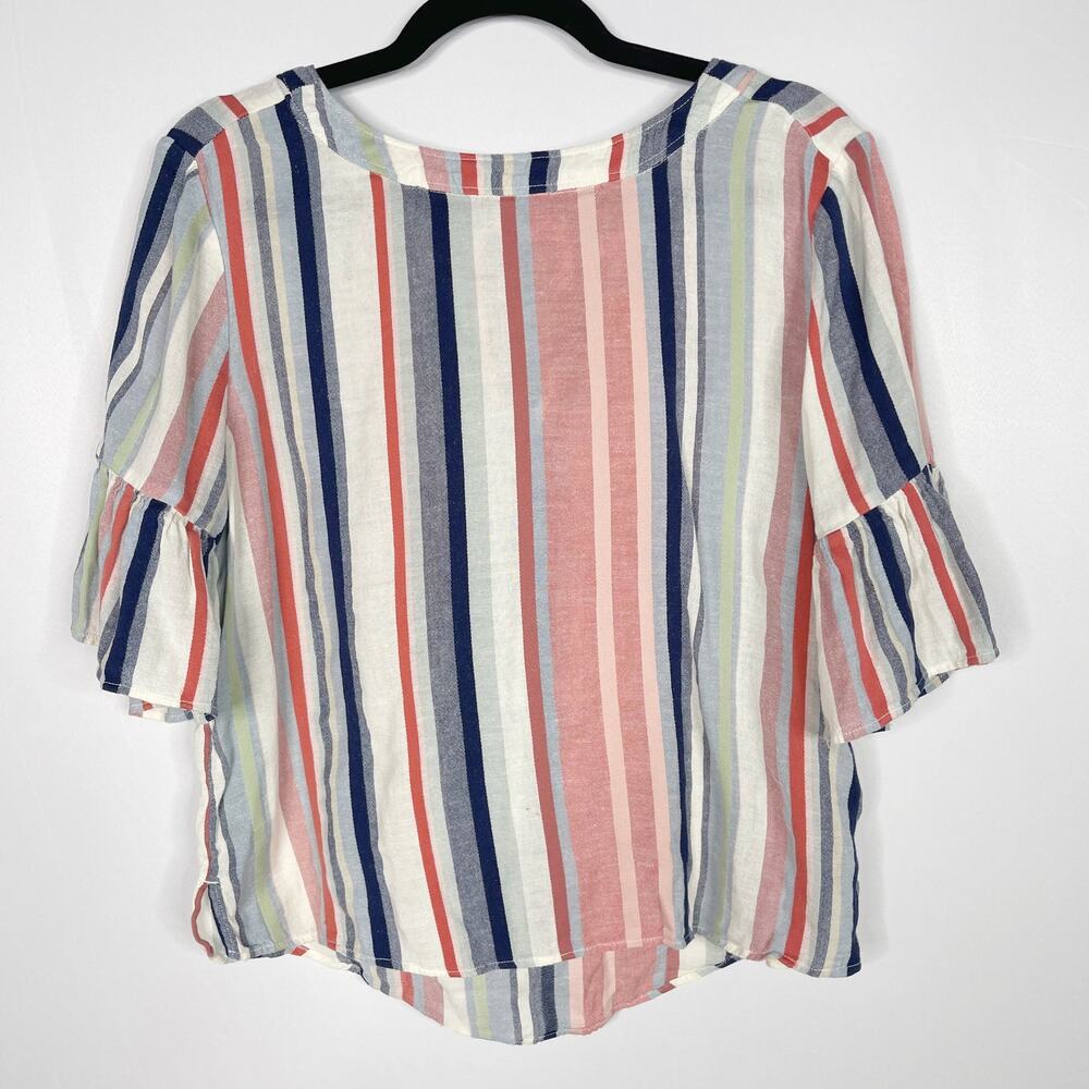 Susina Large Petite Red Blue Linen Blend Striped Flutter Sleeve Blouse Tie Back